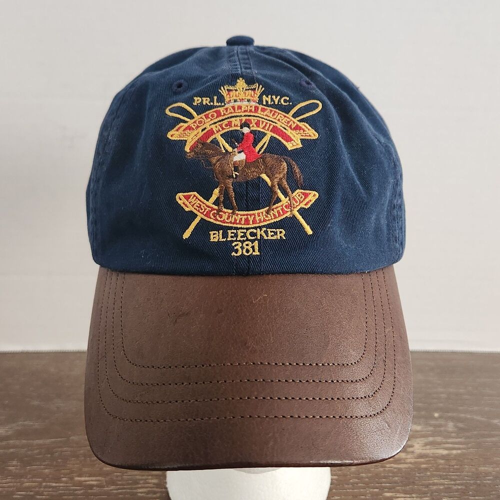 Vintage Polo Ralph Lauren Equestrian Bleecker 381 Crest Cap Hat Navy/Leather
